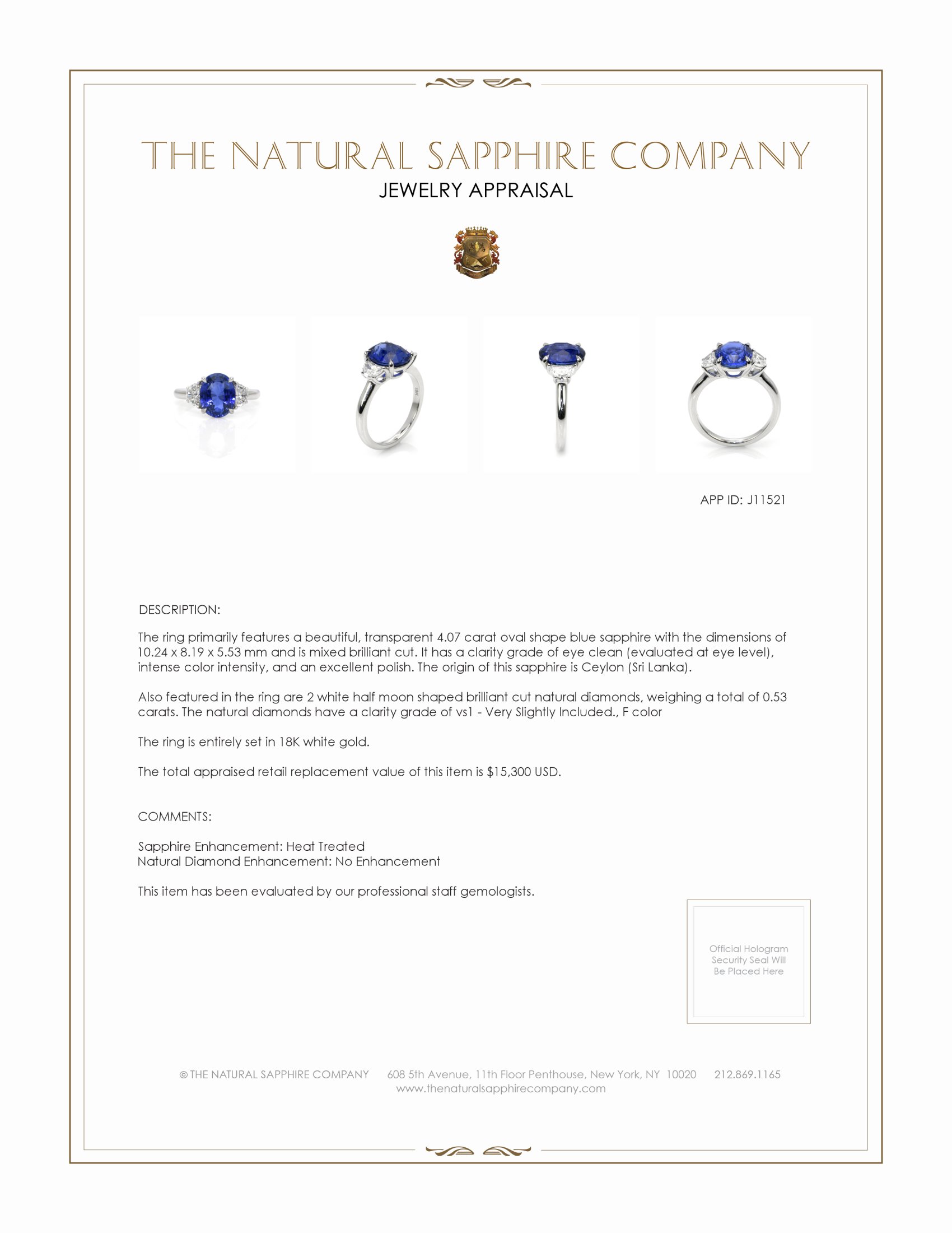 4.07 Ct. Blue Sapphire and Natural Diamond Three Stone Ring, 18K White Gold