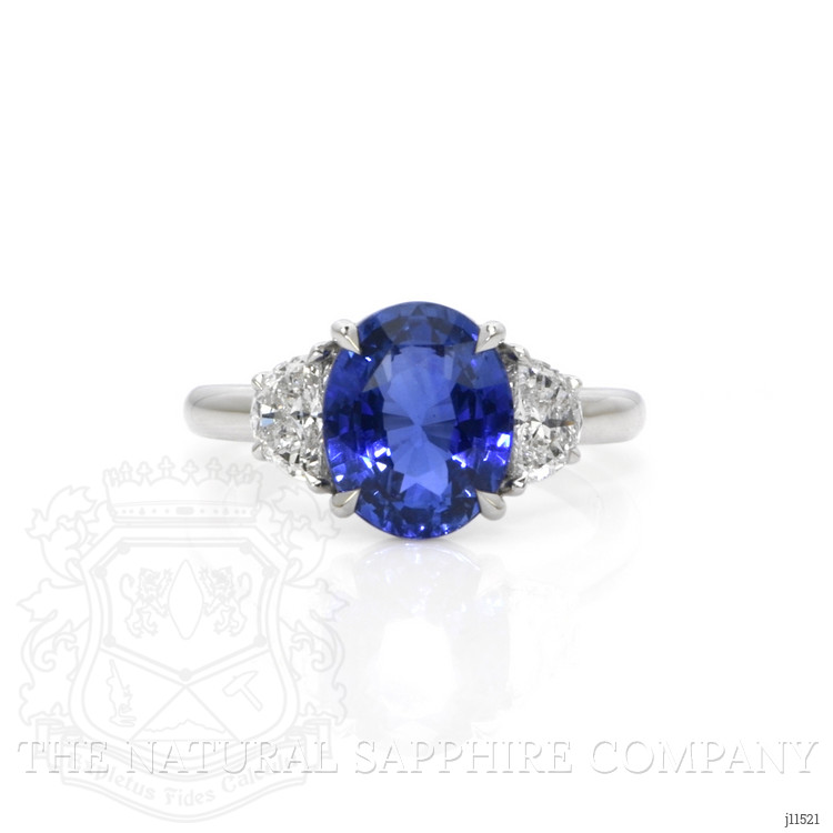 4.07 Ct. Blue Sapphire and Natural Diamond Three Stone Ring, 18K White Gold
