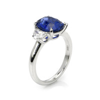 4.07 Ct. Blue Sapphire and Natural Diamond Three Stone Ring, 18K White Gold Image
