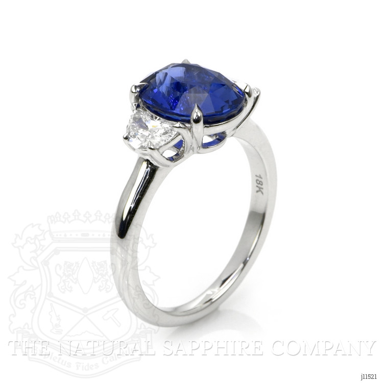 4.07 Ct. Blue Sapphire and Natural Diamond Three Stone Ring, 18K White Gold