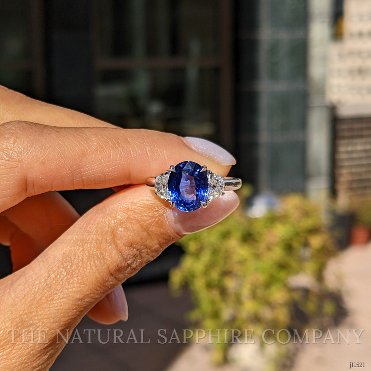 4.07 Ct. Blue Sapphire and Natural Diamond Three Stone Ring, 18K White Gold