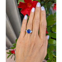 4.07 Ct. Blue Sapphire and Natural Diamond Three Stone Ring, 18K White Gold Life Style