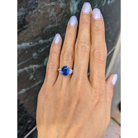 4.07 Ct. Blue Sapphire and Natural Diamond Three Stone Ring, 18K White Gold Life Style