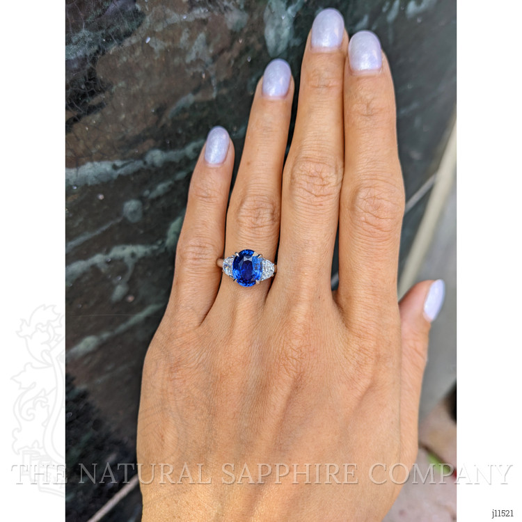 4.07 Ct. Blue Sapphire and Natural Diamond Three Stone Ring, 18K White Gold