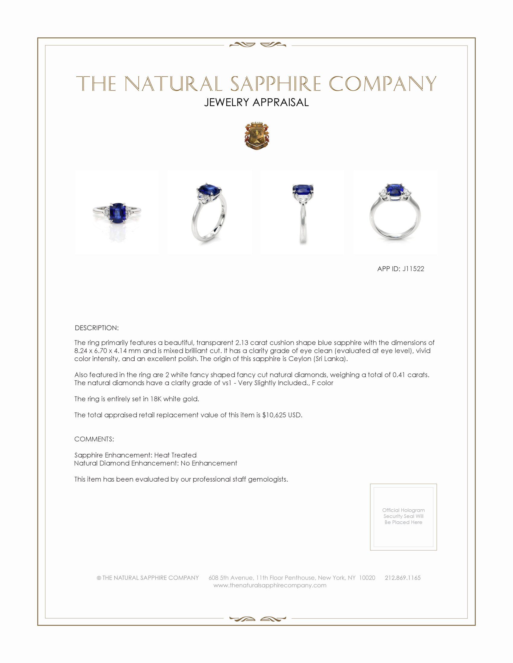 2.13 Ct. Blue Sapphire and Natural Diamond Three Stone Ring, 18K White Gold