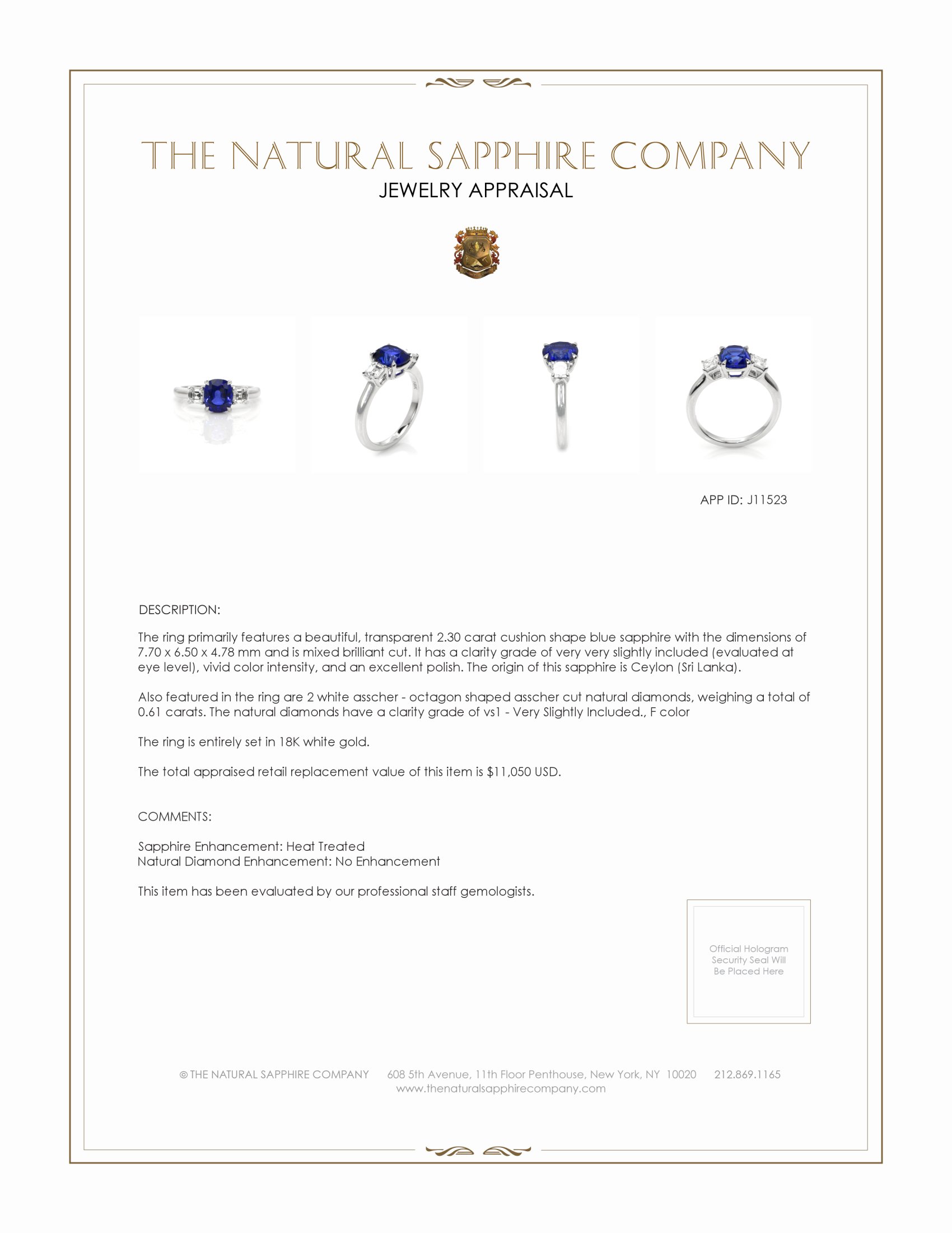 2.30 Ct. Blue Sapphire and Natural Diamond Three Stone Ring, 18K White Gold