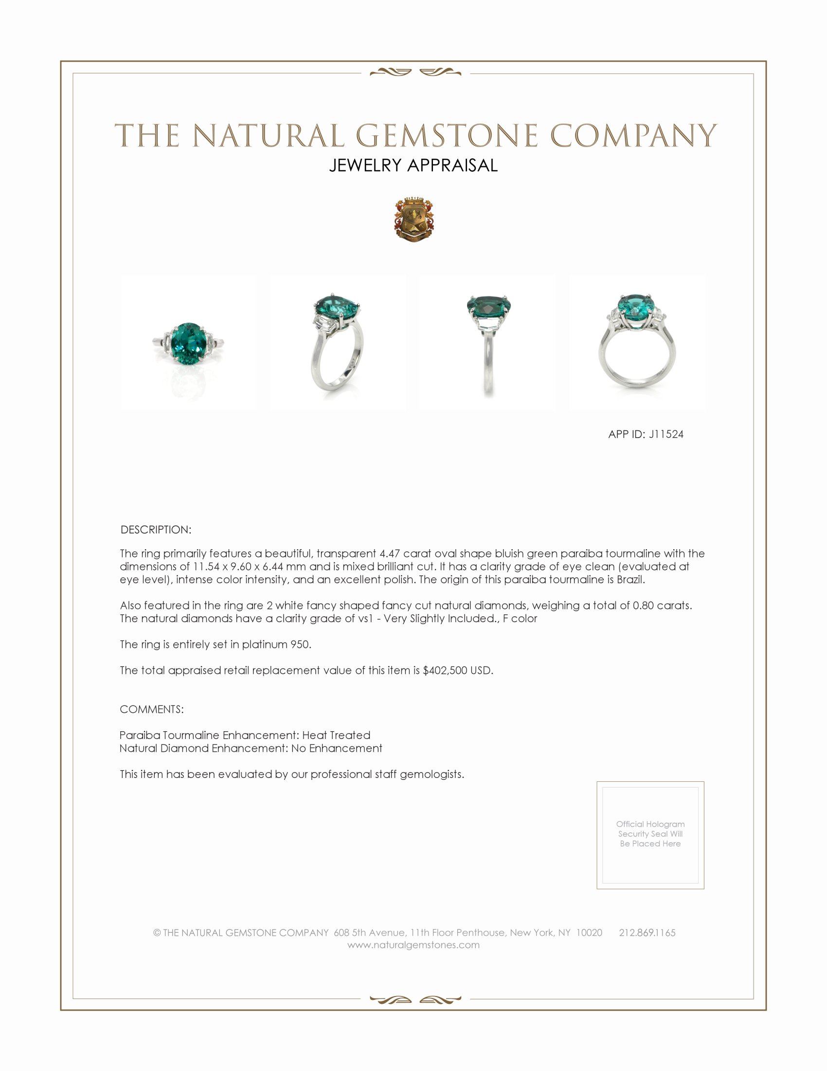 4.47 Ct. Paraiba Tourmaline Natural Diamond Three Stone Ring, Platinum 950