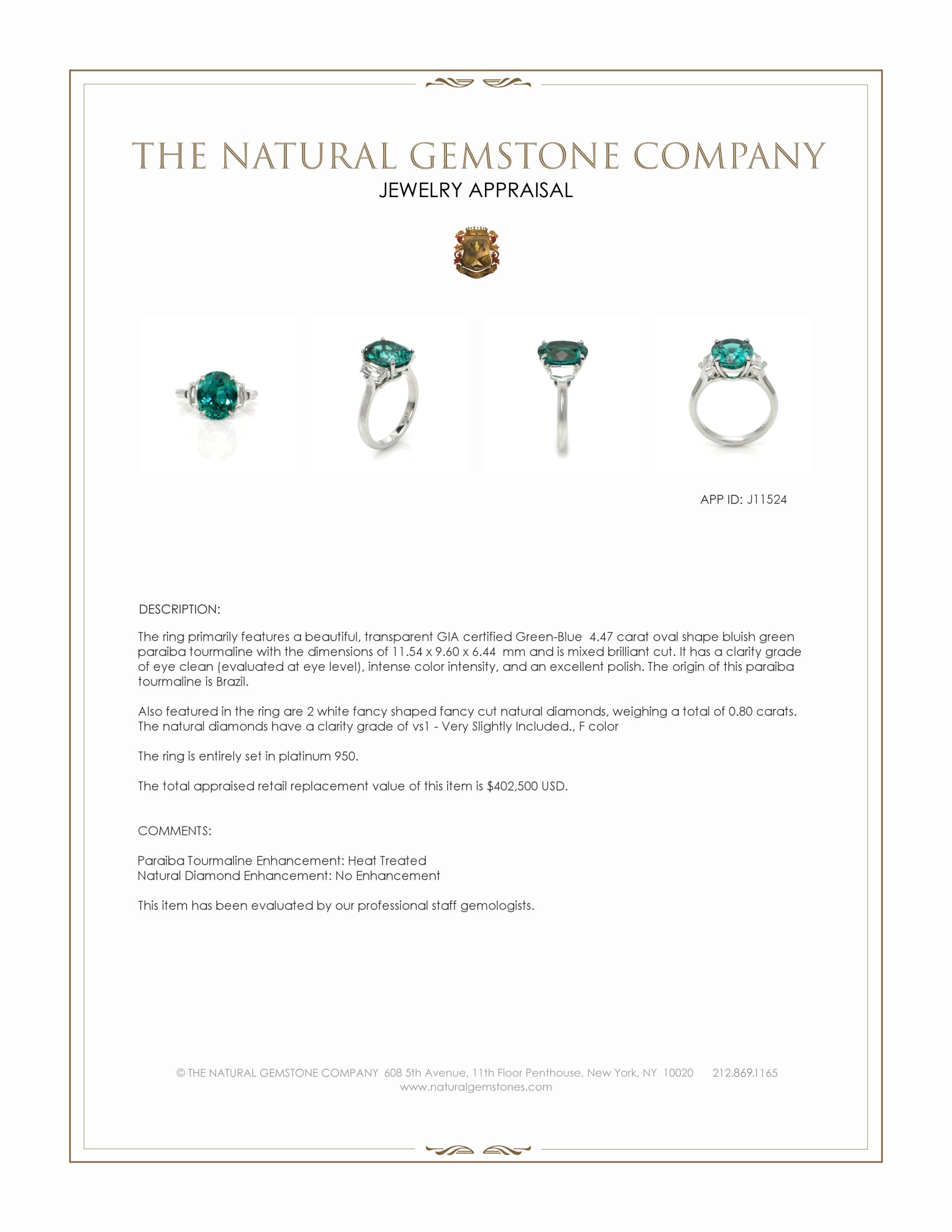 4.47 Ct. Bluish Green Paraiba Tourmaline and Natural Diamond Three Stone Ring, Platinum 950