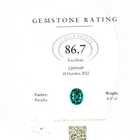 4.47 Ct. Paraiba Tourmaline Natural Diamond Three Stone Ring, Platinum 950 Scan Report