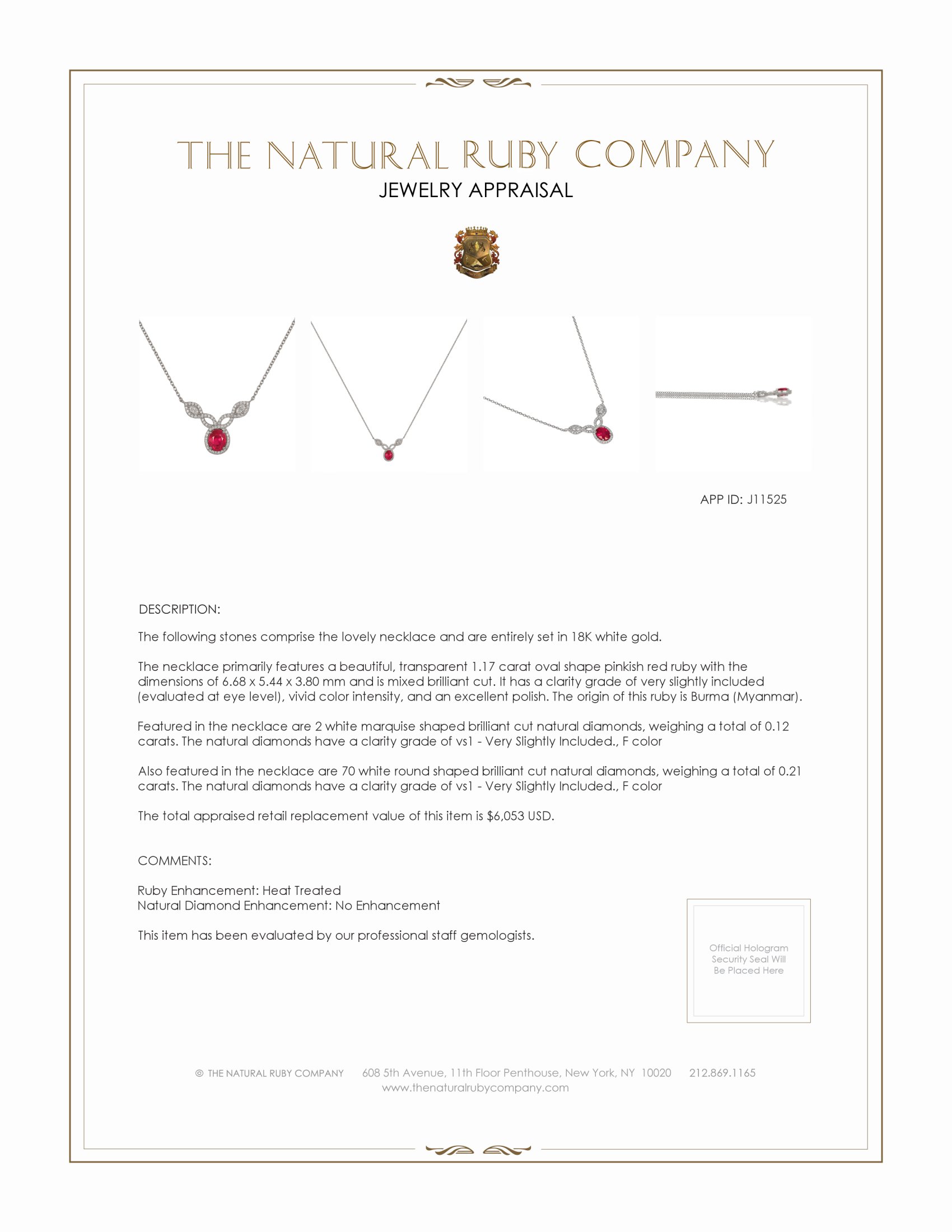 1.17 Ct. Pinkish Red Ruby and Natural Diamond Pave Necklace, 18K White Gold