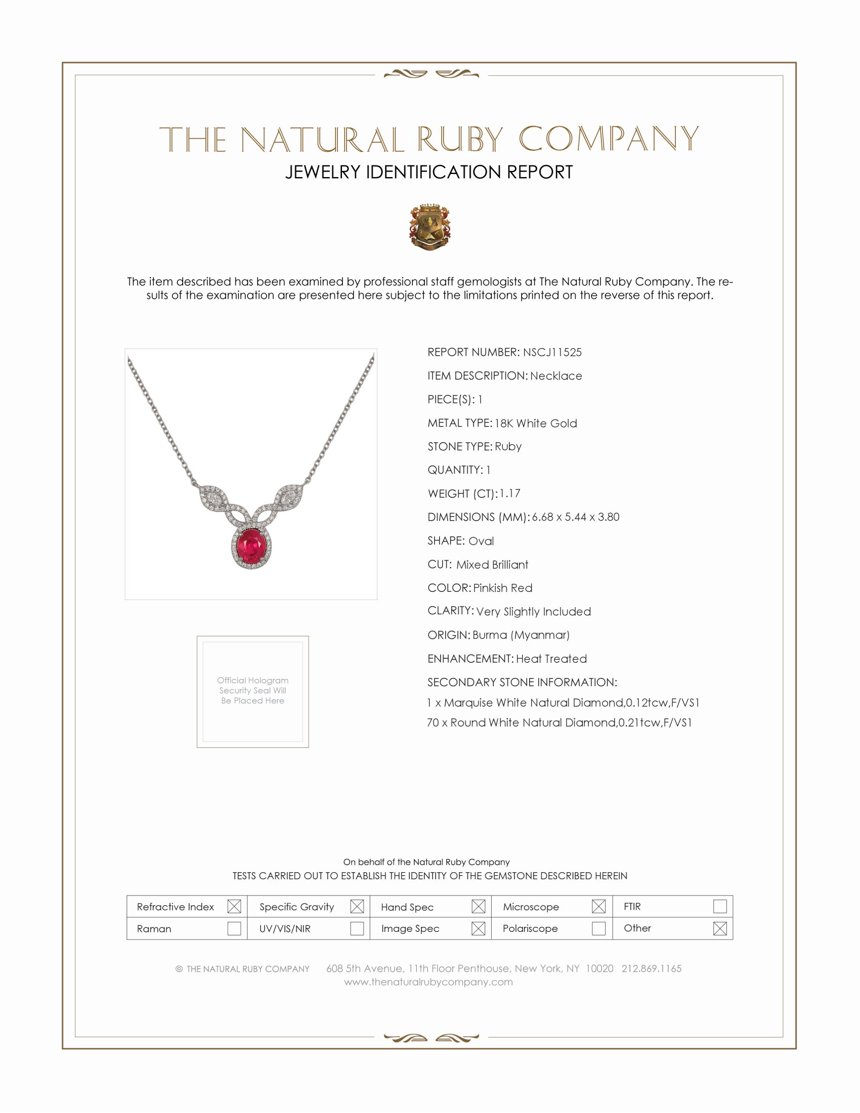 1.17 Ct. Pinkish Red Ruby and Natural Diamond Pave Necklace, 18K White Gold