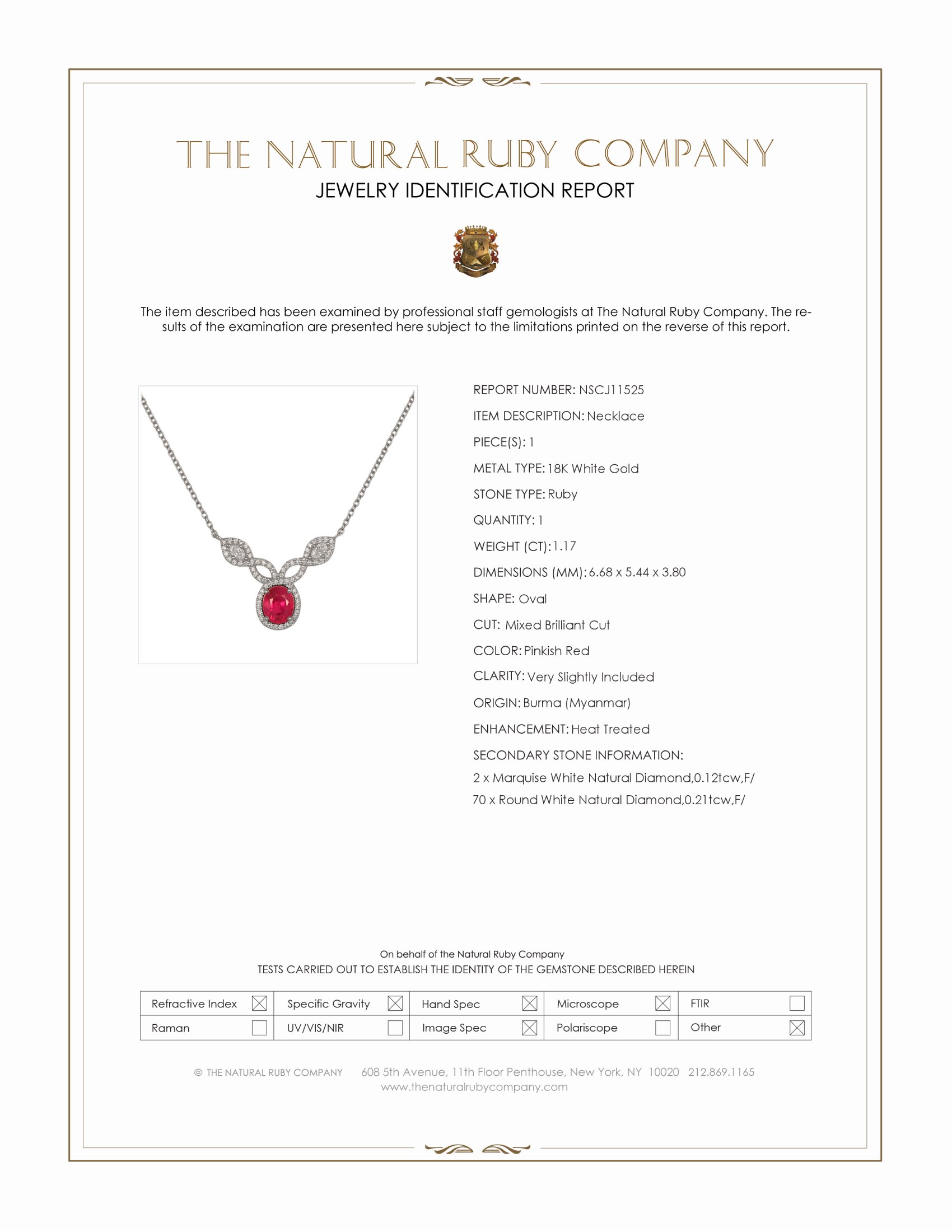 1.17 Ct. Pinkish Red Ruby and Natural Diamond Pave Necklace, 18K White Gold