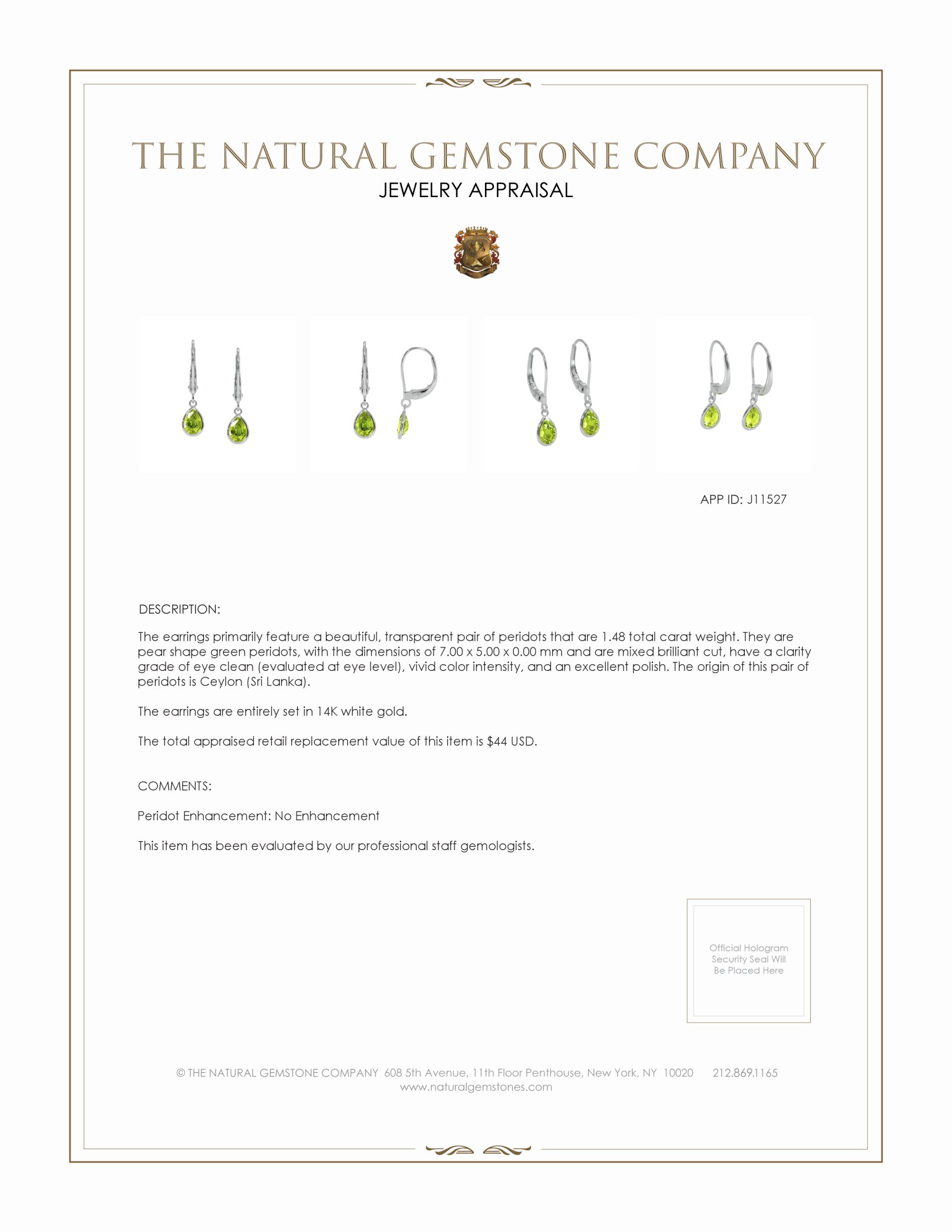 1.48 Ct.Tw. Green Peridot Antique Style Earrings, 14K White Gold