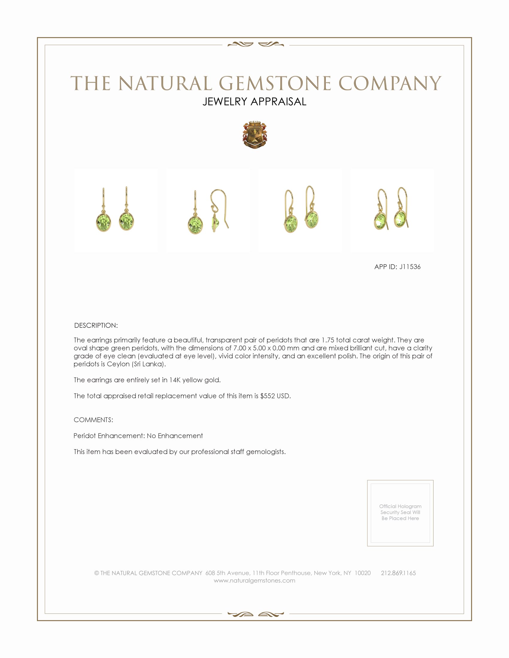 1.75 Ct.Tw. Peridot Bezel Earrings, 14K Yellow Gold