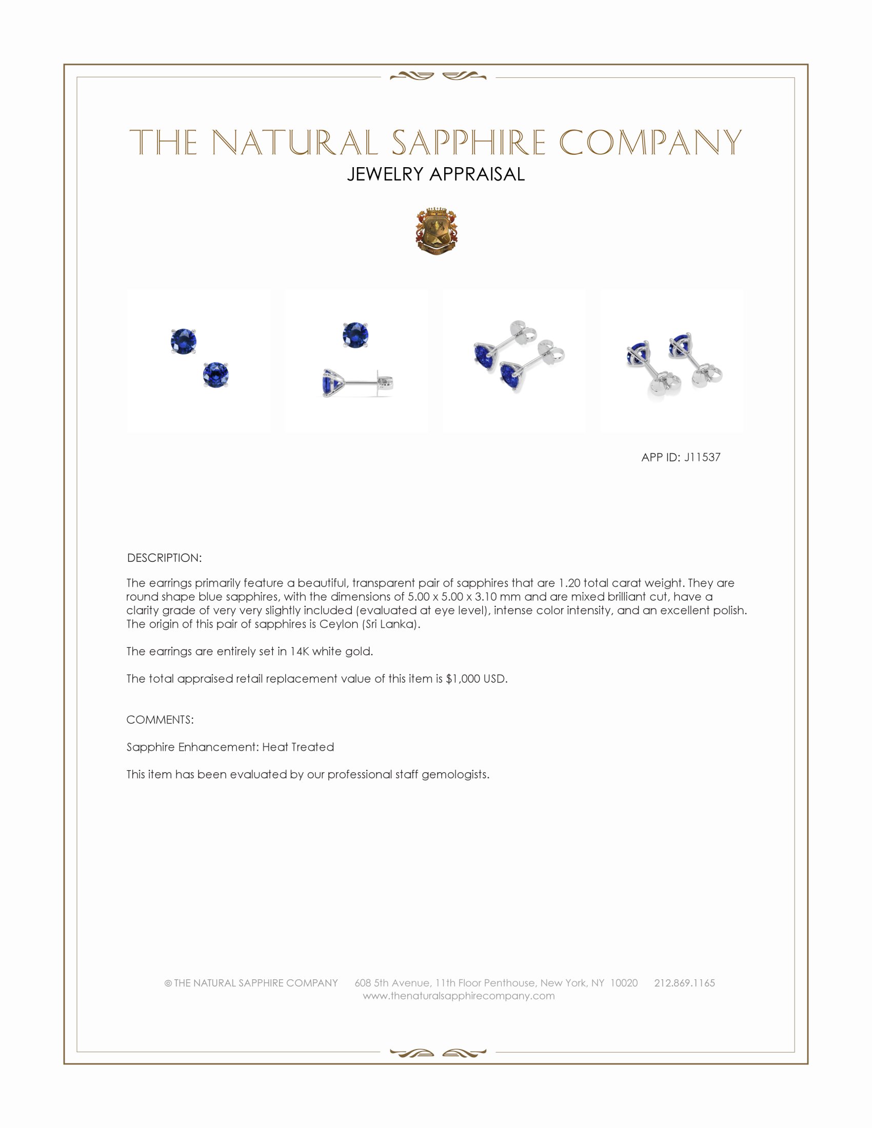 1.20 Ct.Tw. Blue Sapphire Studs Earrings, 14K White Gold