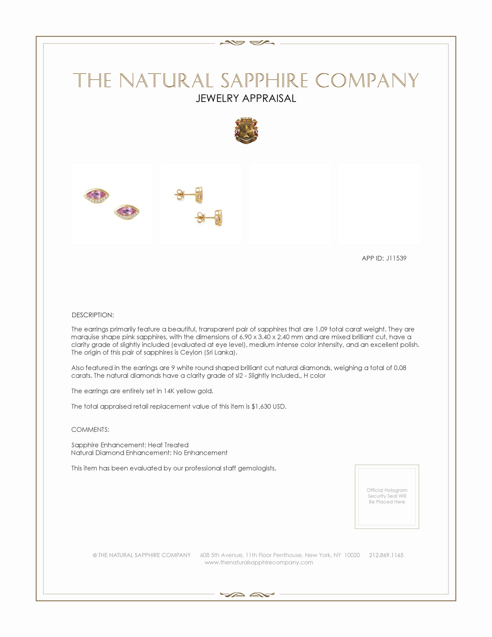 1.09 Ct.Tw. Pink Sapphire and Natural Diamond Studs Earrings, 14K Yellow Gold