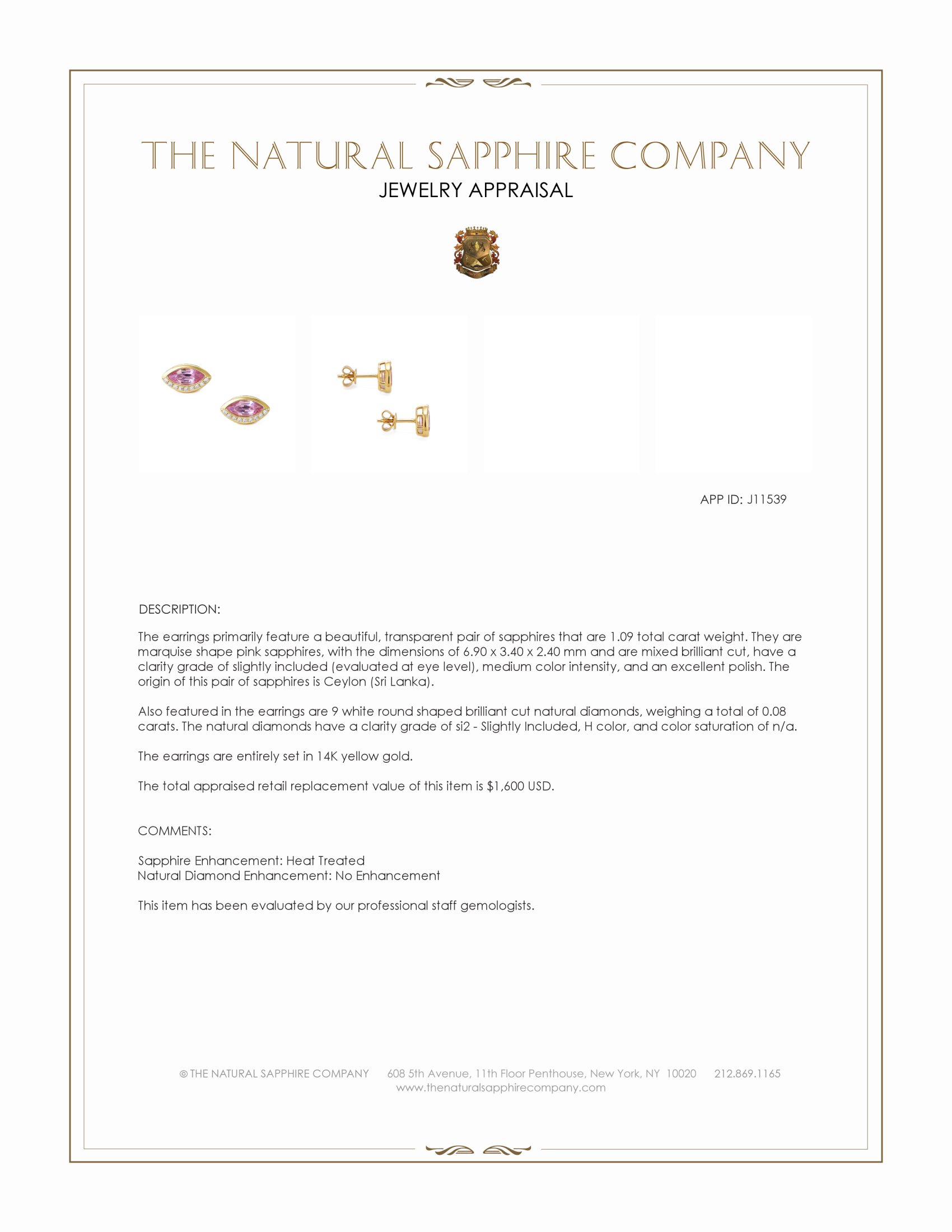 1.09 Ct.Tw. Pink Sapphire and Natural Diamond Studs Earrings, 14K Yellow Gold
