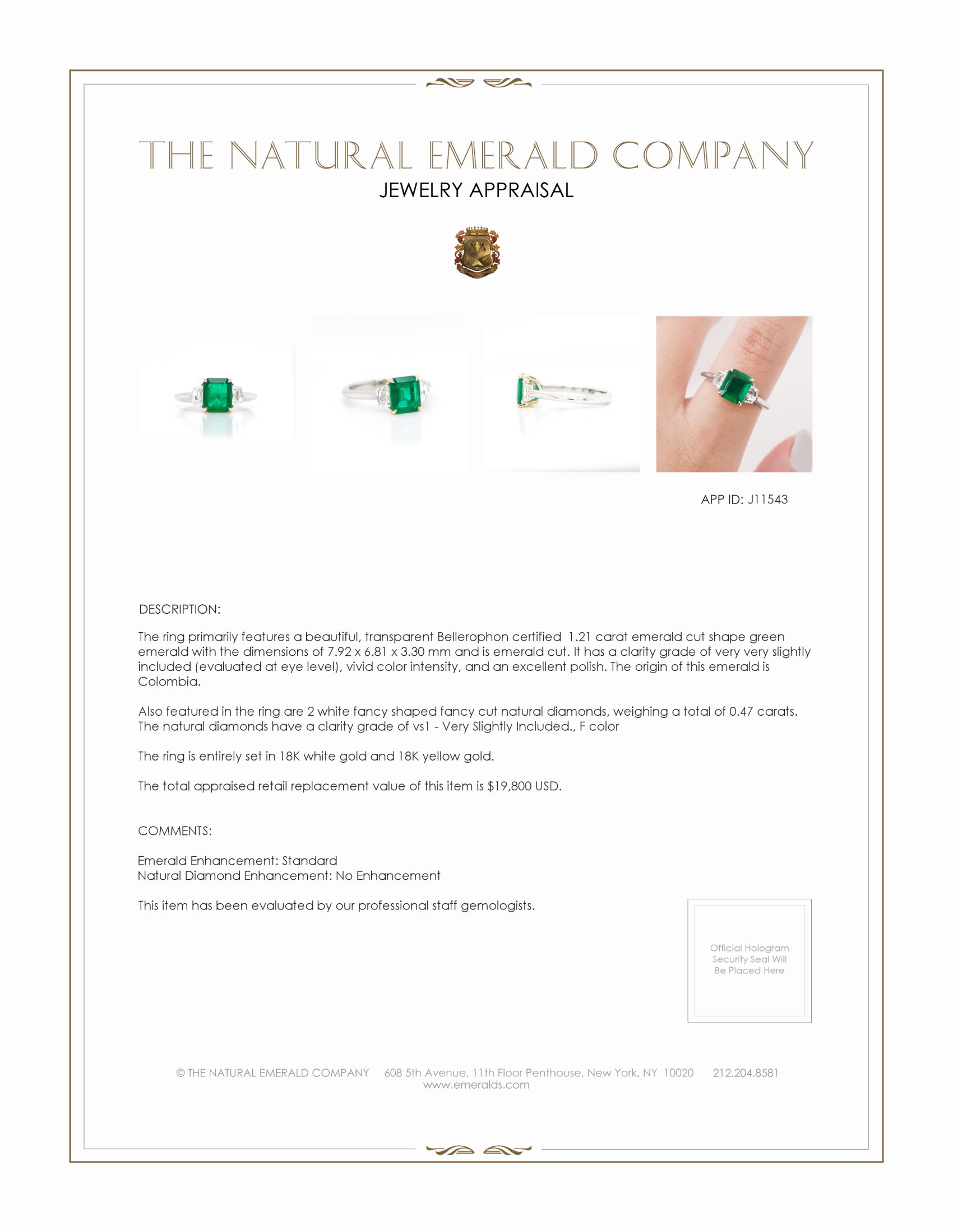 1.21 Ct. Emerald Natural Diamond Three Stone Ring, 18K White & Yellow