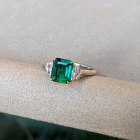 1.21 Ct. Emerald Natural Diamond Three Stone Ring, 18K White & Yellow Life Style