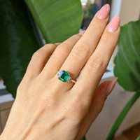 1.21 Ct. Emerald Natural Diamond Three Stone Ring, 18K White & Yellow Life Style