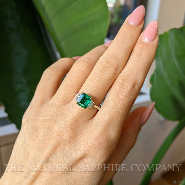 1.21 Ct. Emerald Natural Diamond Three Stone Ring, 18K White & Yellow