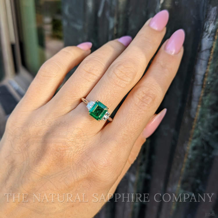 1.21 Ct. Emerald Natural Diamond Three Stone Ring, 18K White & Yellow