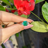 1.21 Ct. Emerald Natural Diamond Three Stone Ring, 18K White & Yellow Life Style