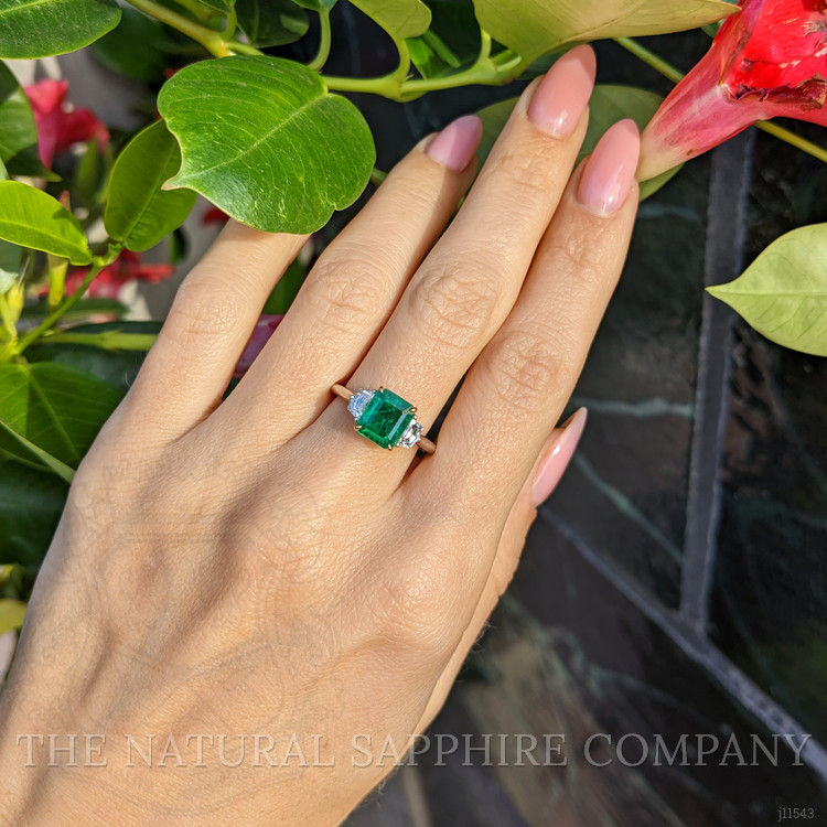 1.21 Ct. Emerald Natural Diamond Three Stone Ring, 18K White & Yellow