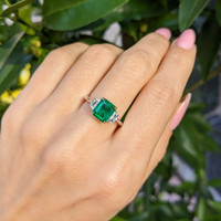 1.21 Ct. Emerald Natural Diamond Three Stone Ring, 18K White & Yellow Life Style