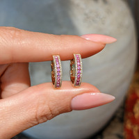 0.41 Ct.Tw. Pink Sapphire and Natural Diamond Pave Earrings, 14K Yellow Gold Life Style