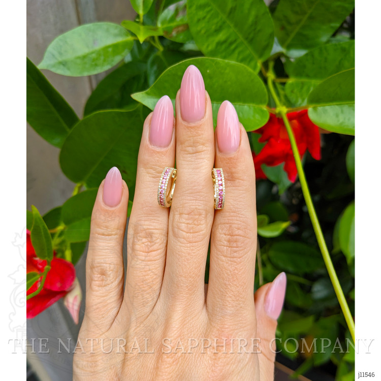 0.41 Ct.Tw. Pink Sapphire and Natural Diamond Pave Earrings, 14K Yellow Gold