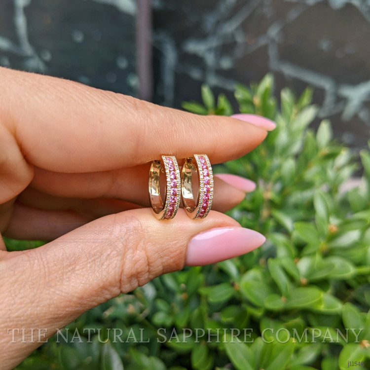 0.41 Ct.Tw. Pink Sapphire and Natural Diamond Pave Earrings, 14K Yellow Gold