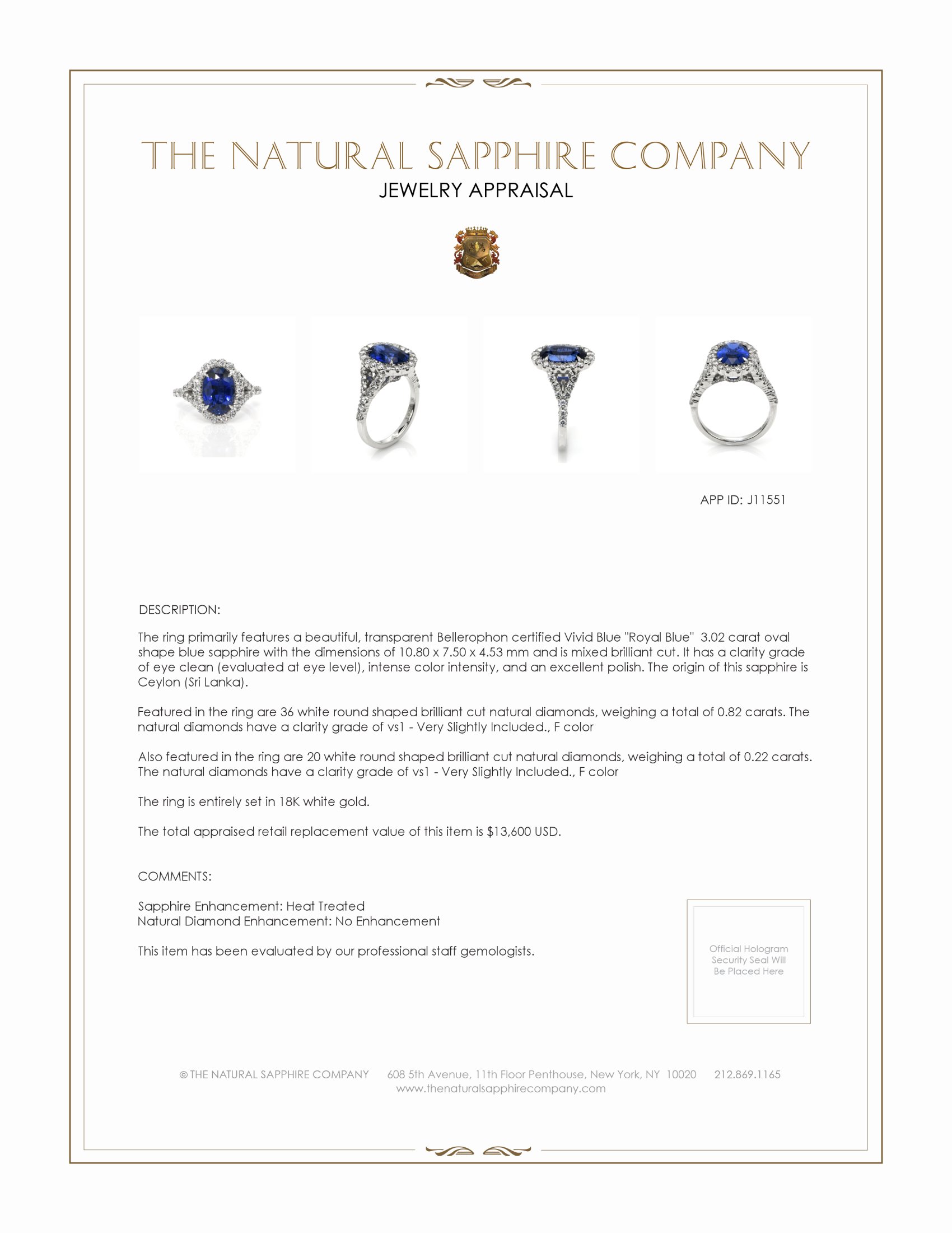 3.02 Ct. Blue Sapphire and Natural Diamond Pave Ring, 18K White Gold