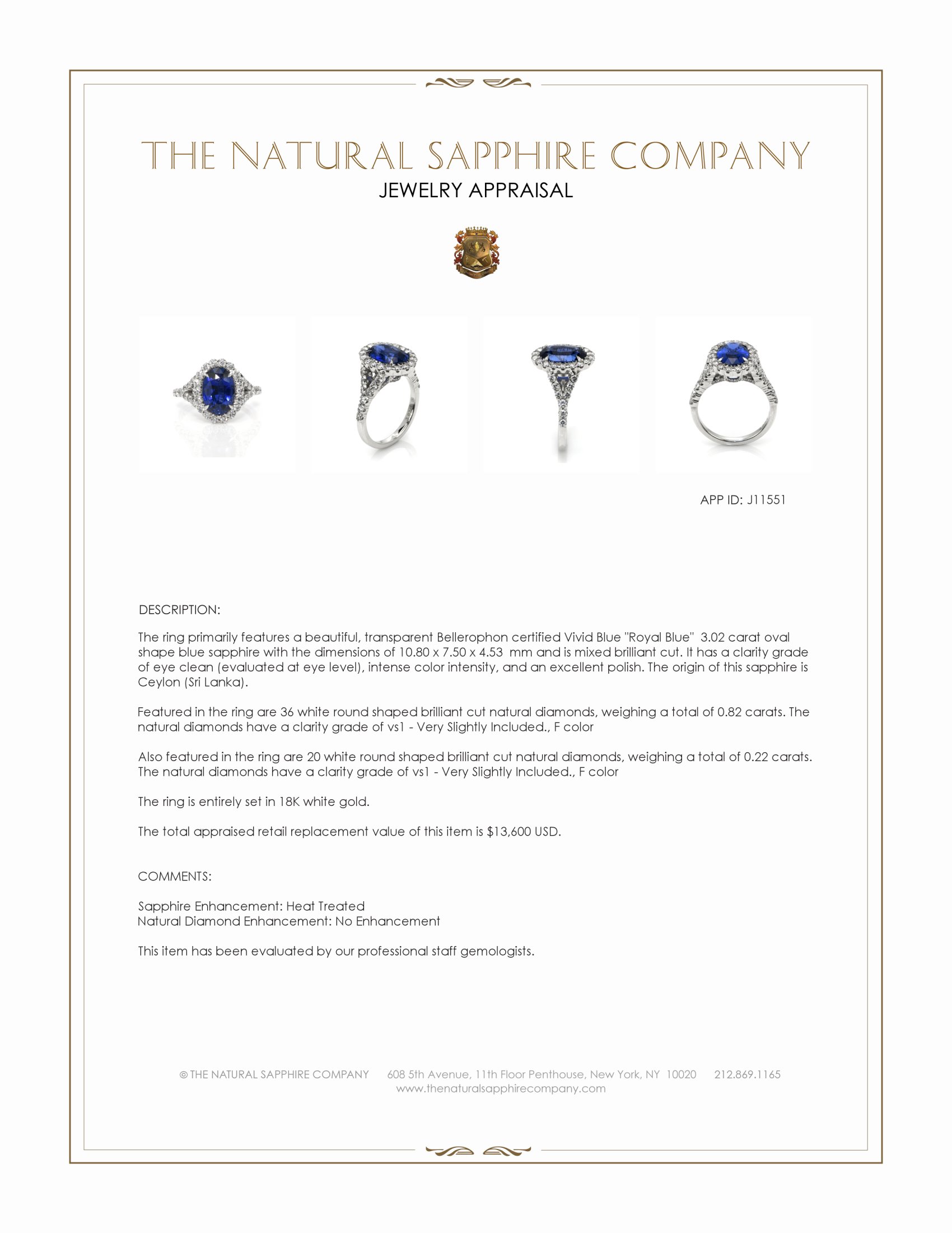 3.02 Ct. Blue Sapphire and Natural Diamond Pave Ring, 18K White Gold