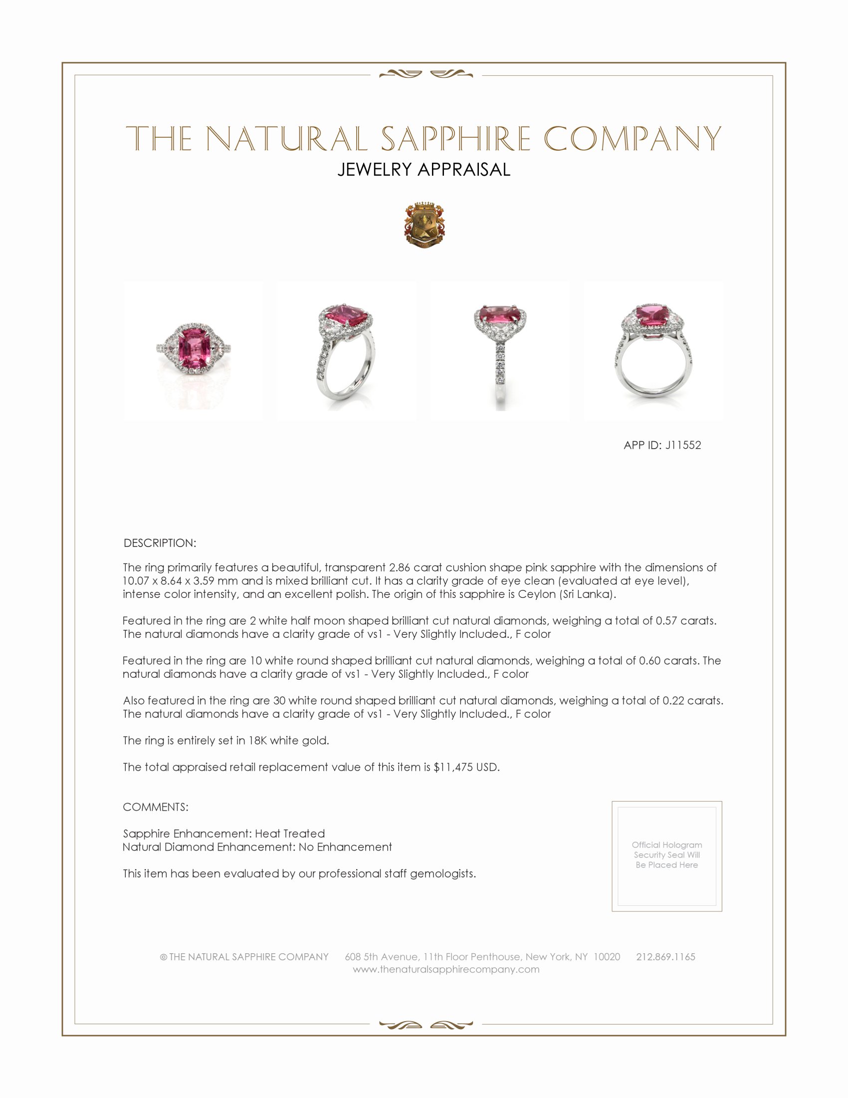 2.86 Ct. Pink Sapphire and Natural Diamond Pave Ring, 18K White Gold