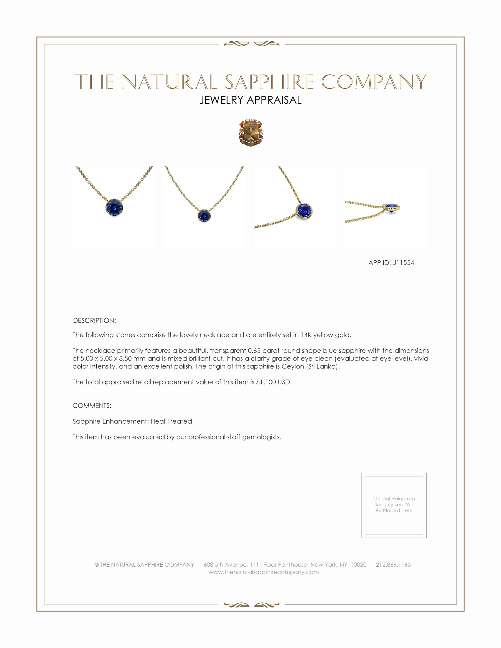 0.65 Ct. Blue Sapphire Bezel Necklace, 14K Yellow Gold