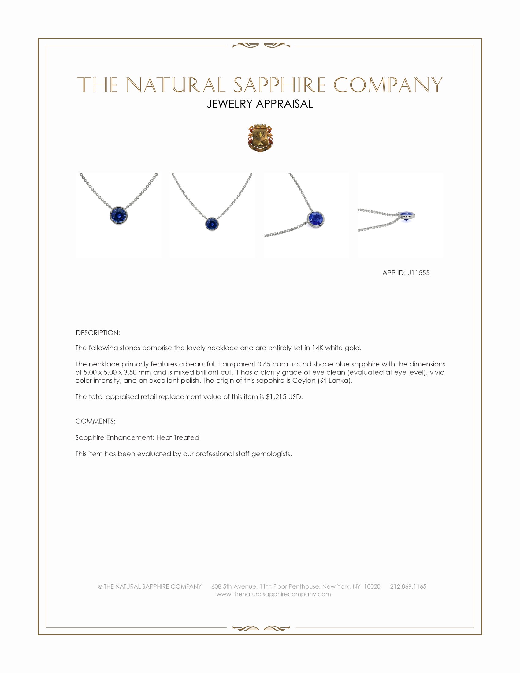 0.65 Ct. Blue Sapphire Bezel Necklace, 14K White Gold