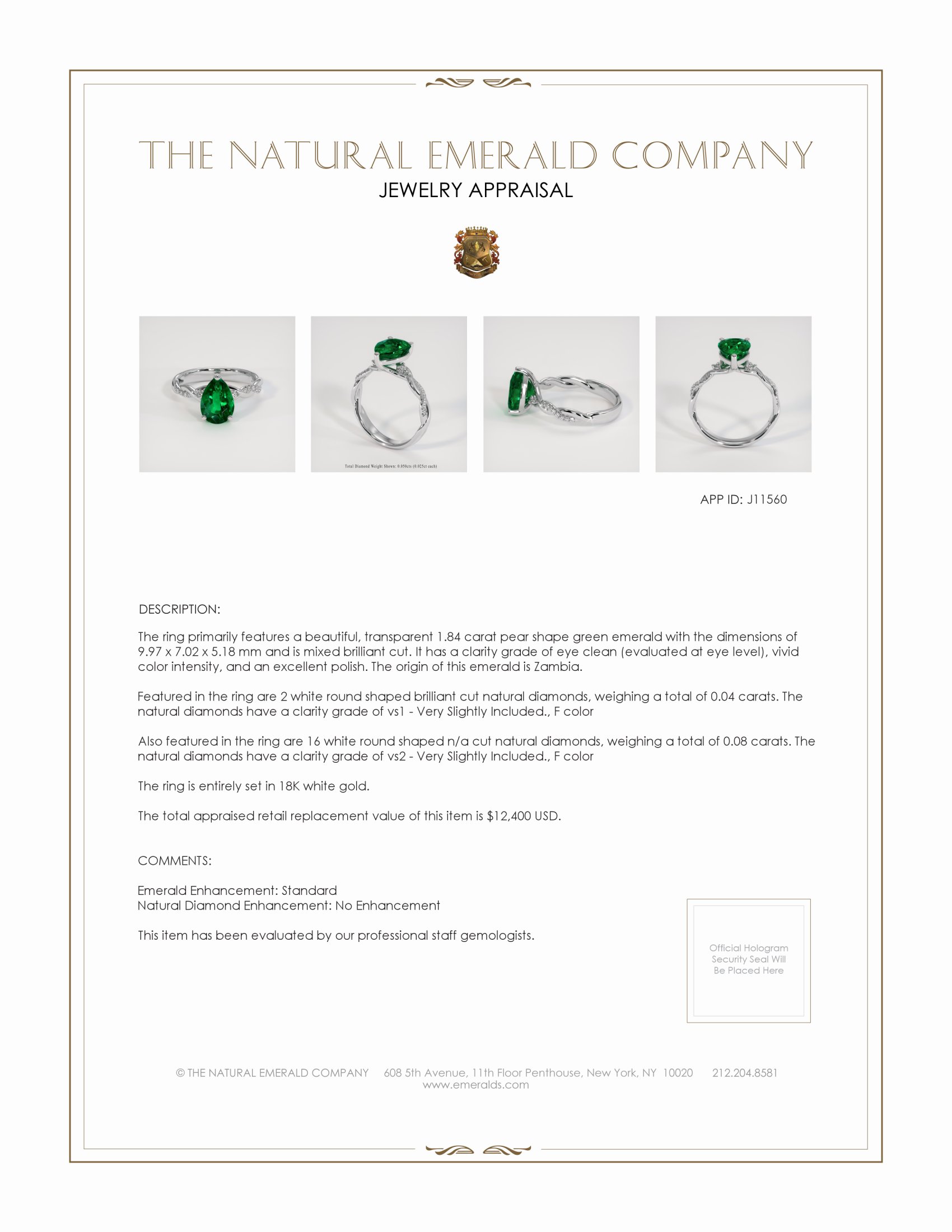 1.84 Ct. Emerald Natural Diamond Pave Ring, 18K White Gold