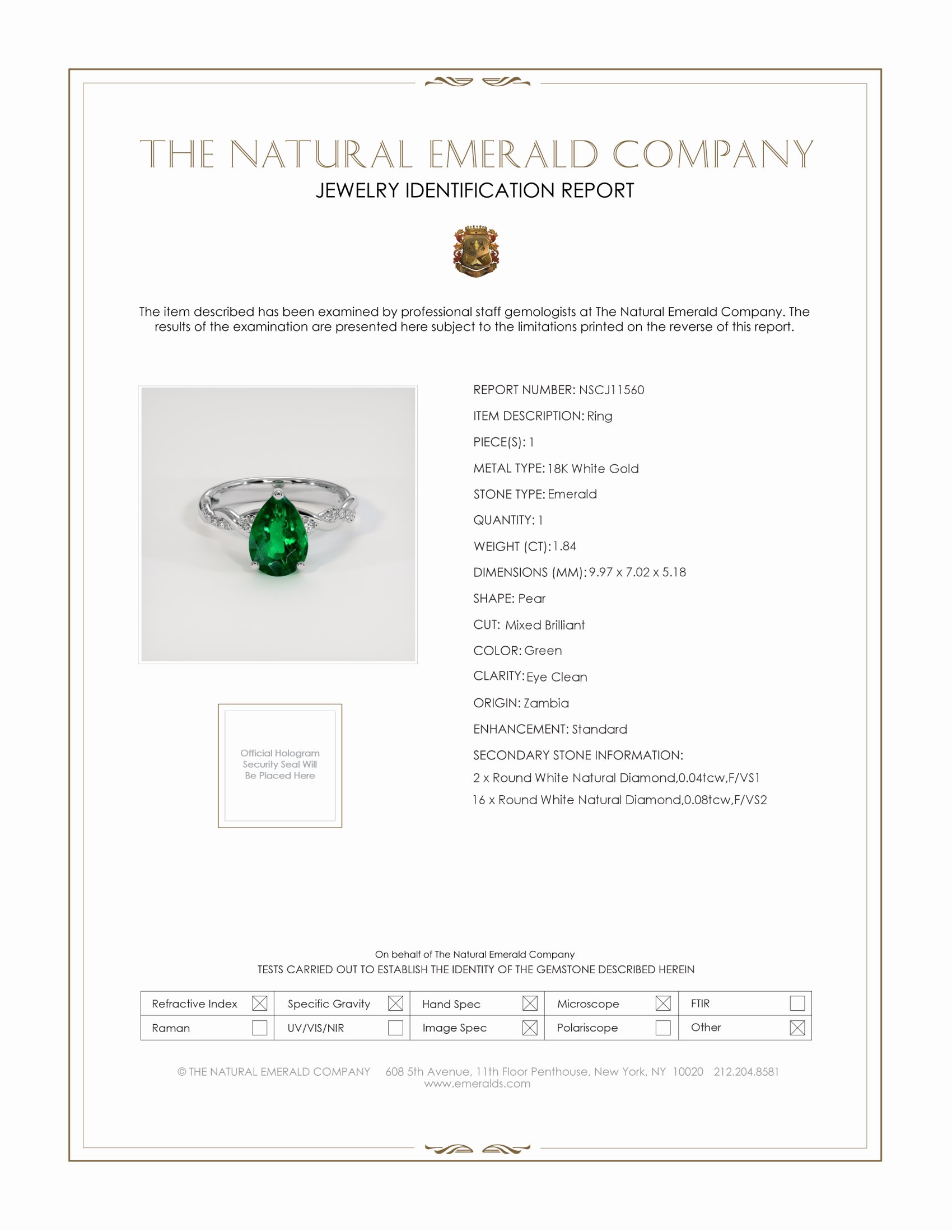 1.84 Ct. Emerald Natural Diamond Pave Ring, 18K White Gold
