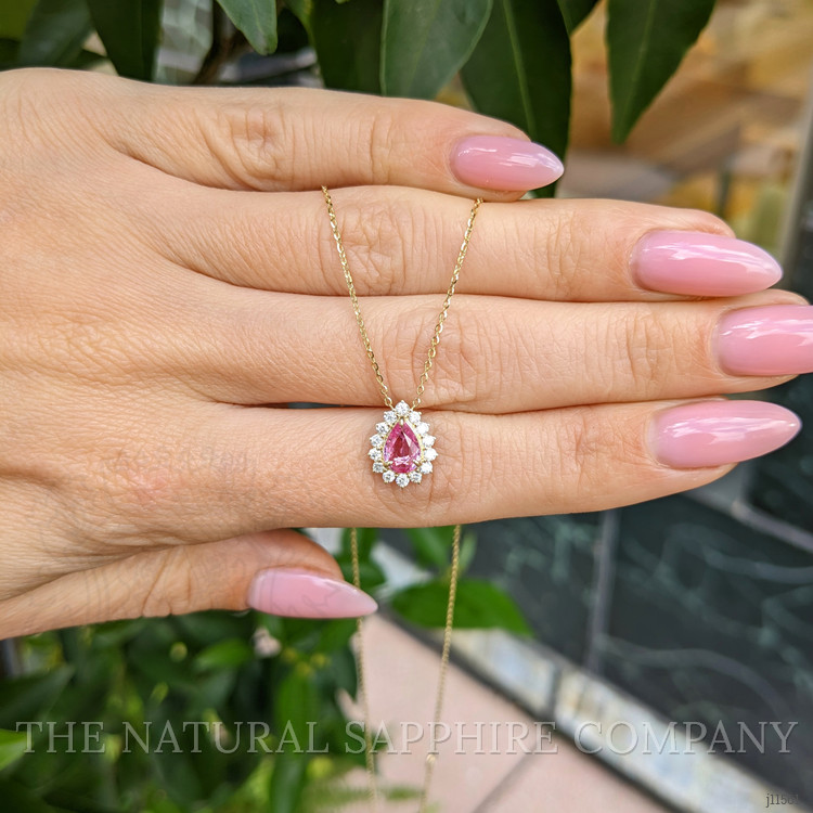 0.66 Ct. Pink Sapphire and Natural Diamond Halo Necklace, 14K Yellow Gold