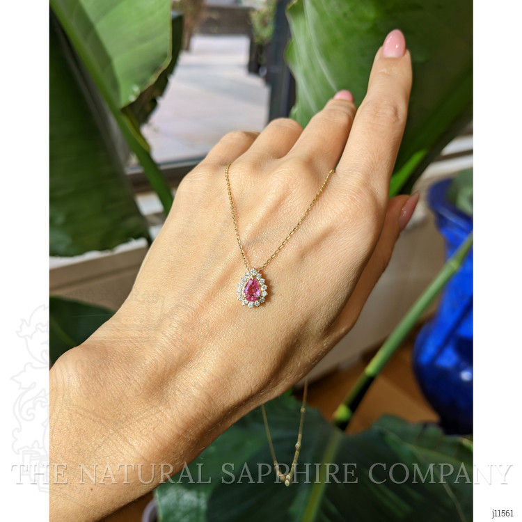 0.66 Ct. Pink Sapphire and Natural Diamond Halo Necklace, 14K Yellow Gold