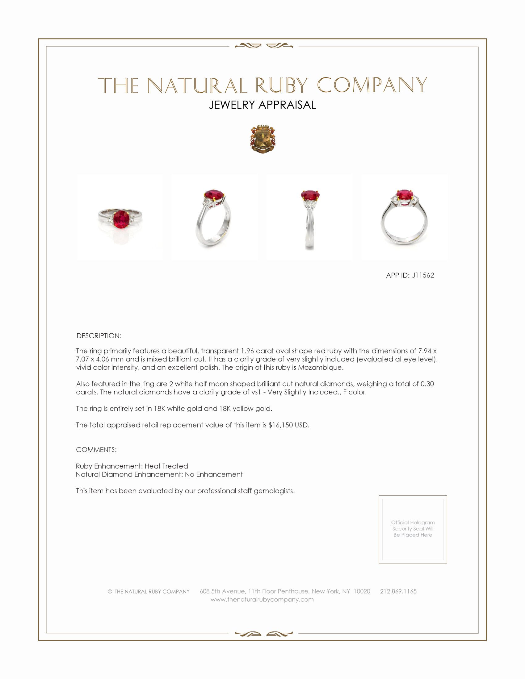 1.96 Ct. Ruby Natural Diamond Three Stone Ring, 18K White & Yellow