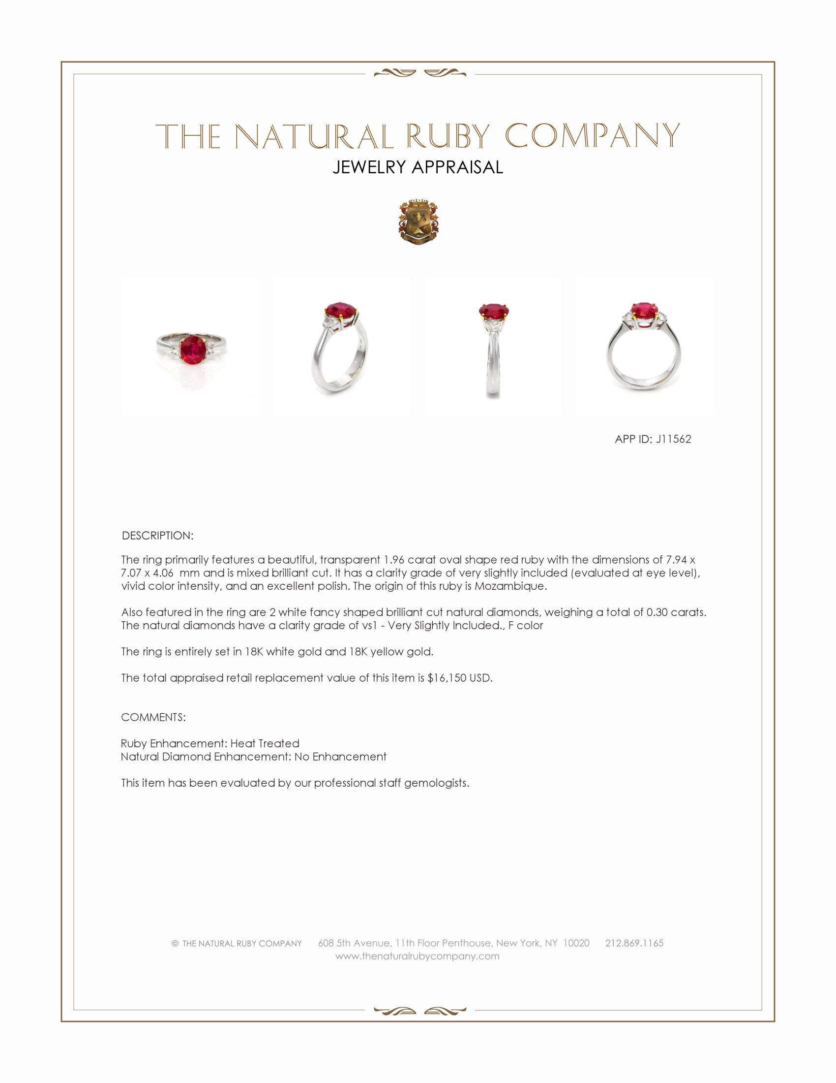 1.96 Ct. Ruby and Natural Diamond Three Stone Ring, 18K White & Yellow