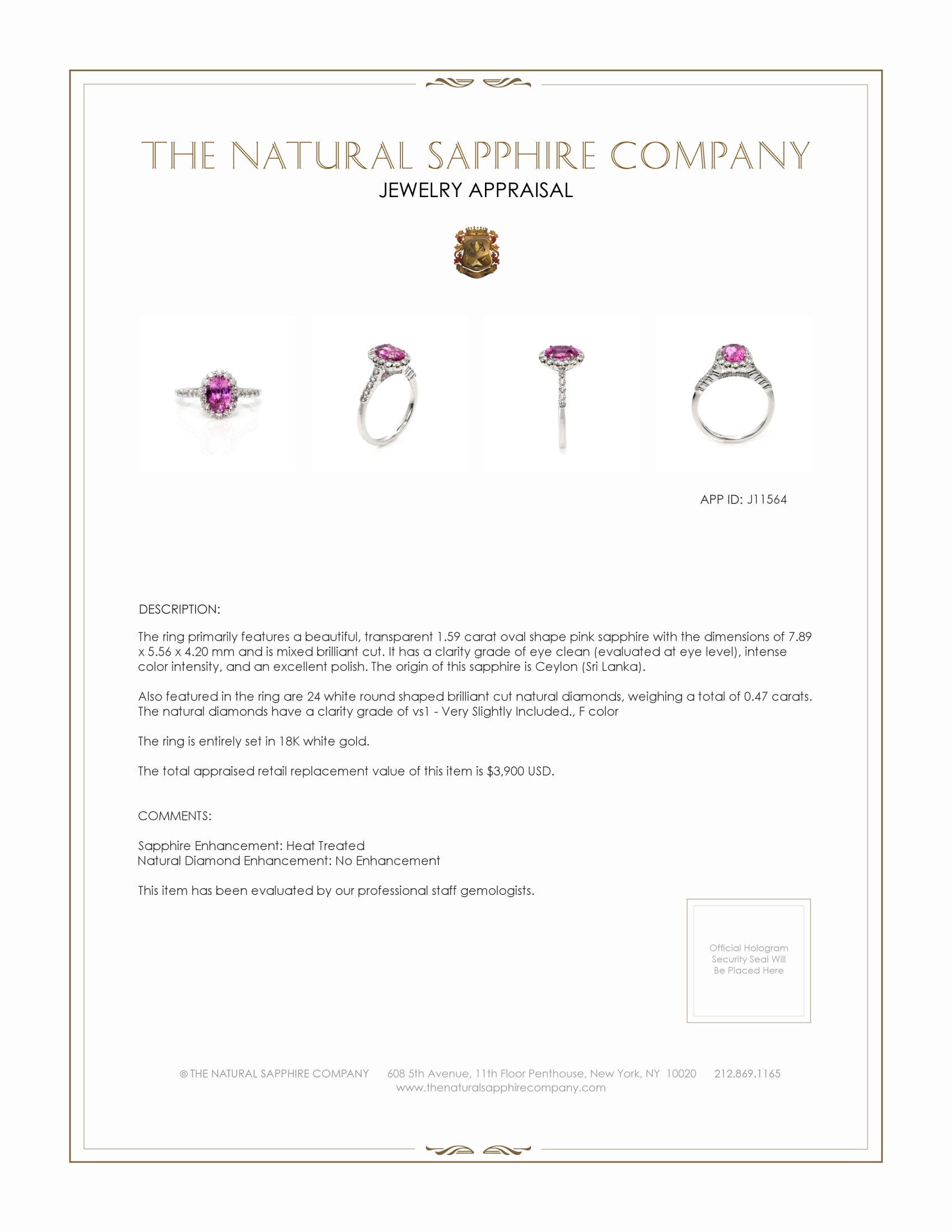 1.59 Ct. Pink Sapphire and Natural Diamond Pave Ring, 18K White Gold