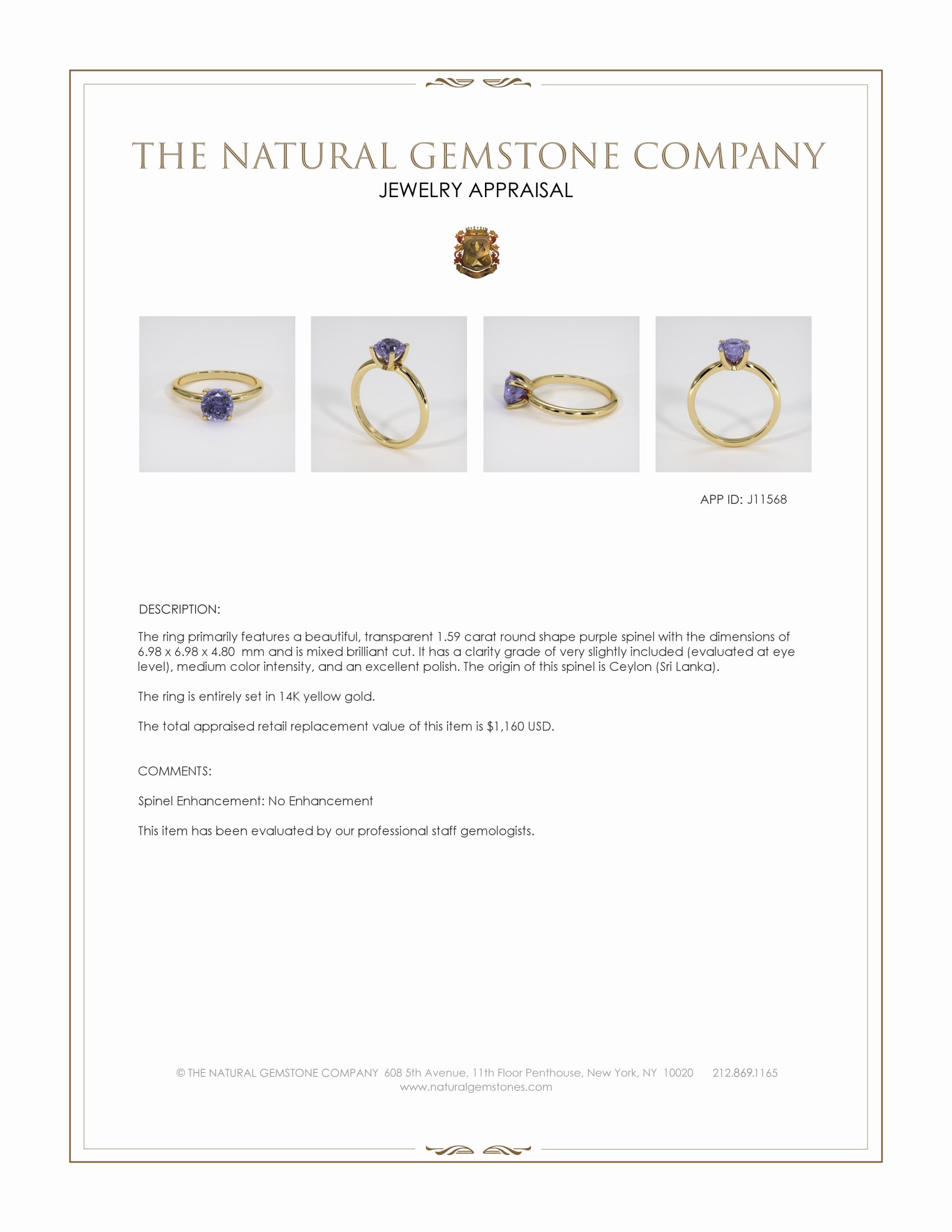 1.59 Ct. Purple Spinel Pave Ring, 14K Yellow Gold
