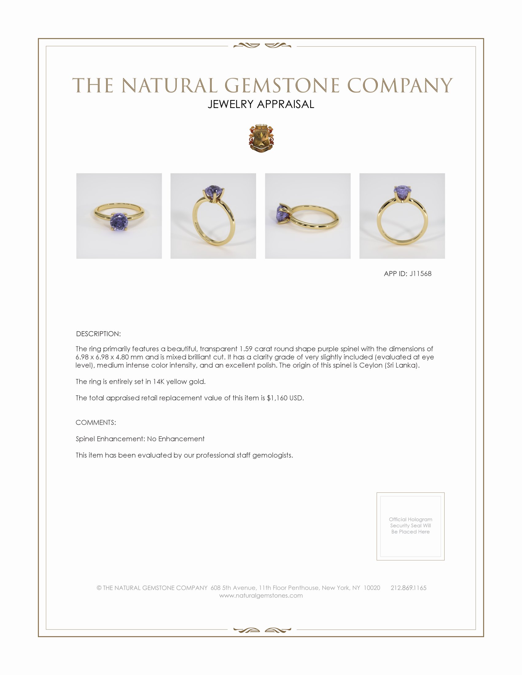 1.59 Ct. Purple Spinel Pave Ring, 14K Yellow Gold