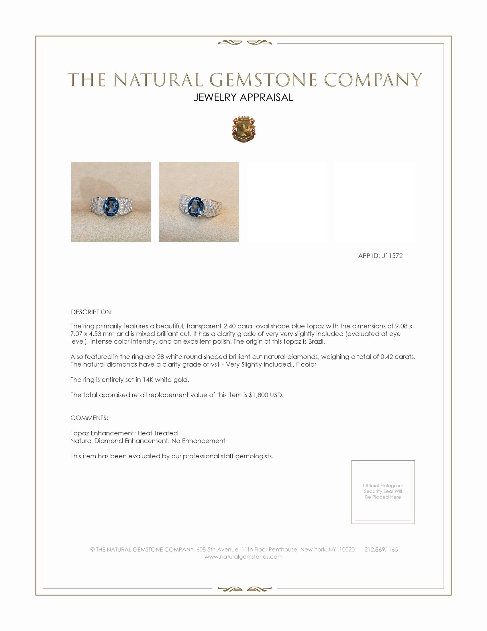2.40 Ct. Blue Topaz and Natural Diamond Pave Ring, 14K White Gold