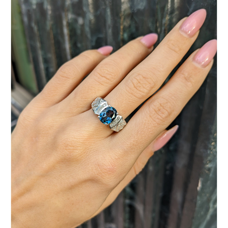 2.40 Ct. Topaz Natural Diamond Pave Ring, 14K White Gold