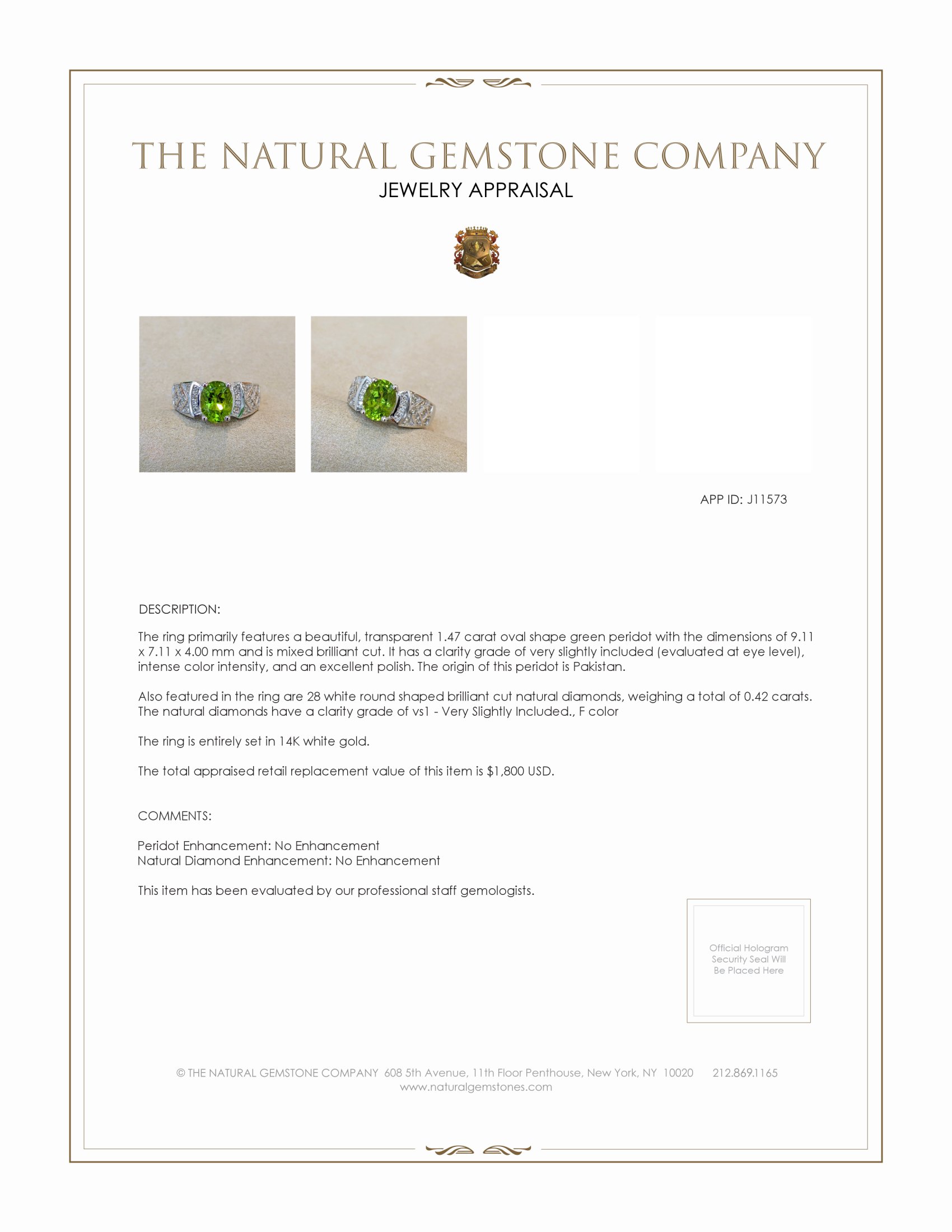 1.47 Ct. Green Peridot and Natural Diamond Pave Ring, 14K White Gold