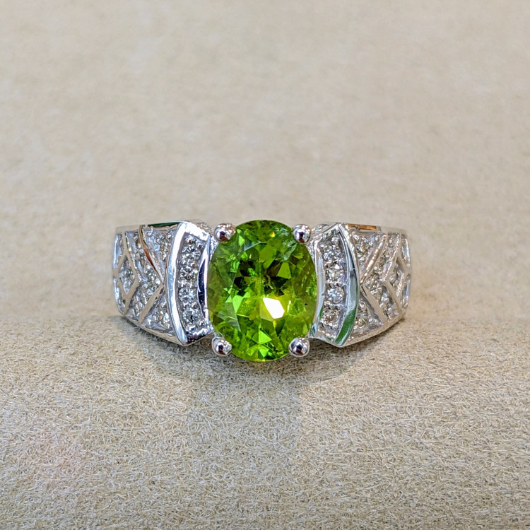 1.47 Ct. Peridot Natural Diamond Pave Ring, 14K White Gold